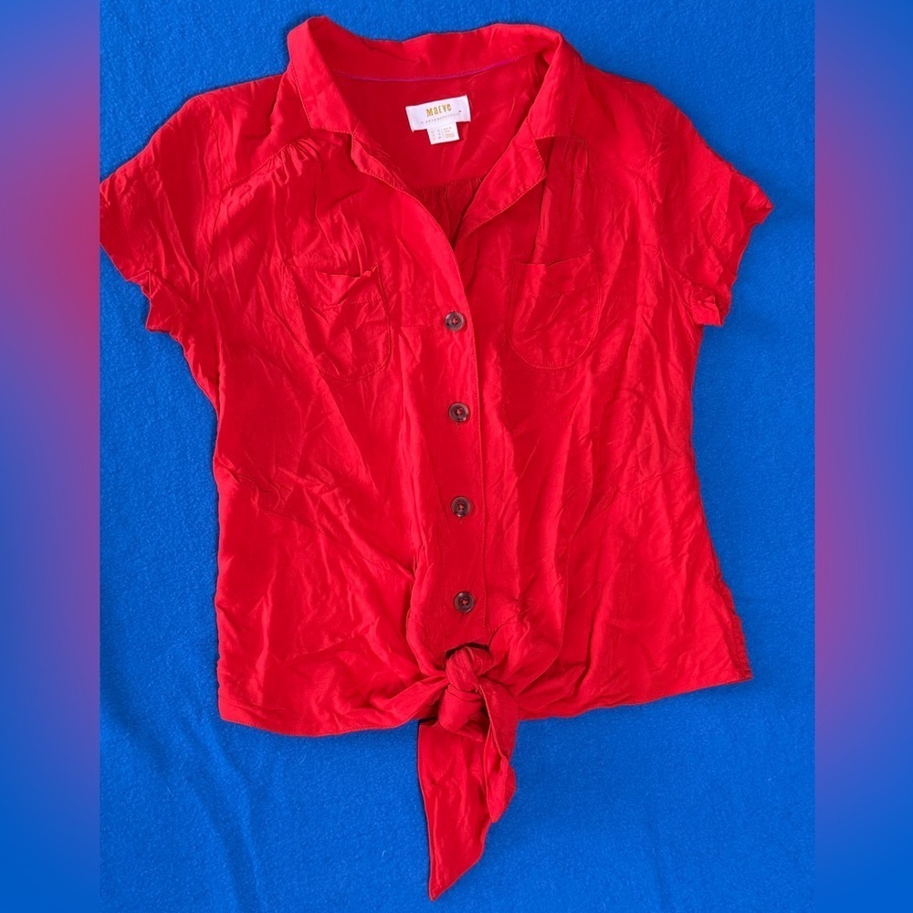 Anthropologie Maeve Coral/Salmon Front Tie Button‎ Collared Blouse Woman's Sz 0